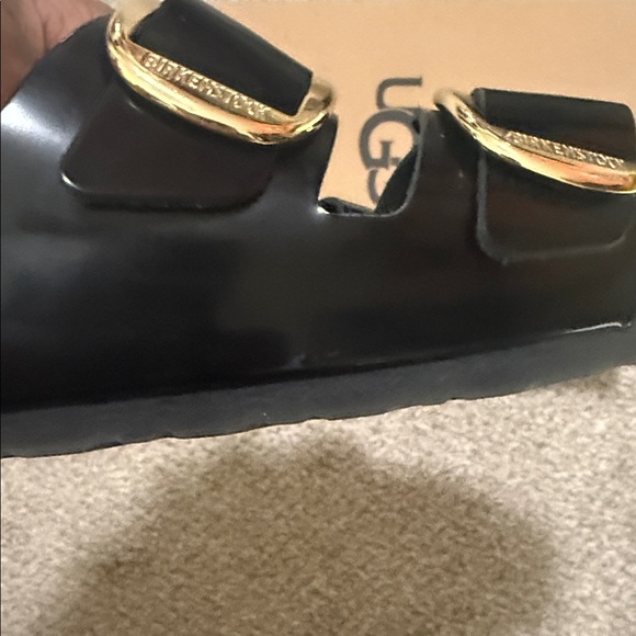 Black Big Buckle Shiny Birkenstock Sandals with Gold Buckles - Picture 3 of 5